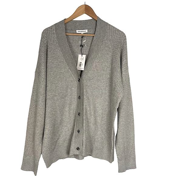 WeWoreWhat Varsity Cardigan Sweater Button Front Long M/L Heather Grey NWT - Picture 11 of 16